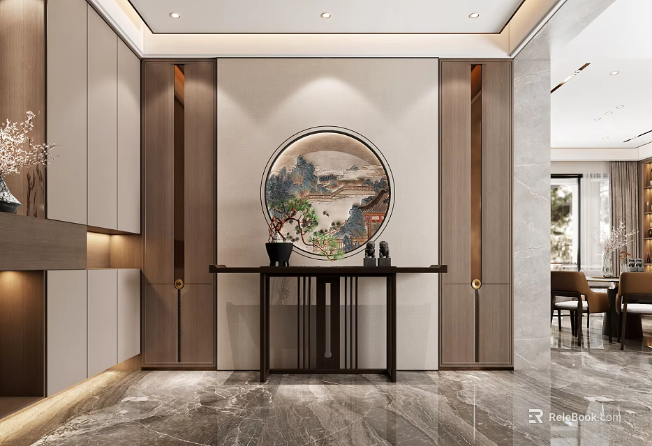 Elegant Modern Entryway Interior With Round Artwork Console Table Marble Floor And Cabinets 3d model