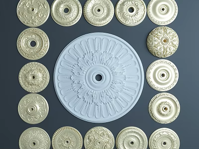 Ceiling Medallions with Various Decorative Designs and Multiple Styles in Gold and Blue 3d model