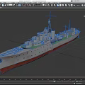 Gray Military Warship With Red Bottom Deck Turrets And Masts Structure 3d model