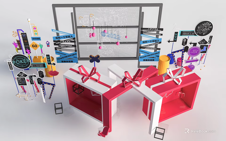 Colorful Gift Boxes With White Bows And Decorative Items On Display Shelves 3d model 