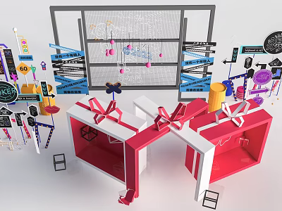 Colorful Gift Boxes With White Bows And Decorative Items On Display Shelves 3d model