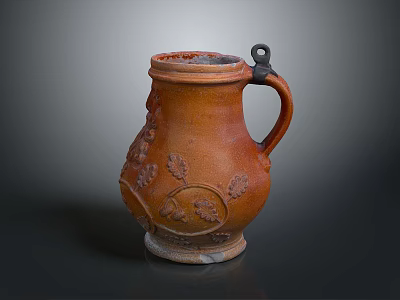 Sculpted Ceramic Pitcher With Intricate Carved Leaf Patterns And Black Handle 3d model