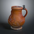 Sculpted Ceramic Pitcher With Intricate Carved Leaf Patterns And Black Handle 3d model