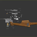 Disassembled Firearm 3D Model Display With Wooden Grips Magazine Barrel Components