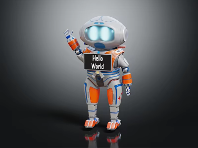 Futuristic Robot Character Waving Holding Hello World Sign With Glowing Eyes 3d model