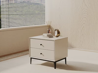 White Side Table With Two Drawers And Black Legs By Window With Blinds And Decor 3d model
