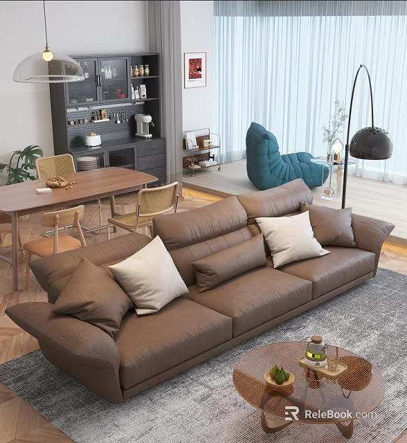 Modern Living Dining Room Design With Brown Sofa Dining Table Rug And Floor Lamp 3d model 