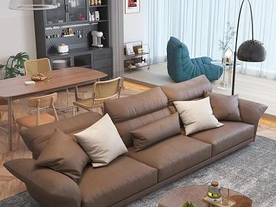 Modern Living Dining Room Design With Brown Sofa Dining Table Rug And Floor Lamp 3d model