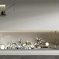 Indoor Landscape With Marble Backdrop Wall Light Fishing Silhouette Snowy Plants And Round Lamps