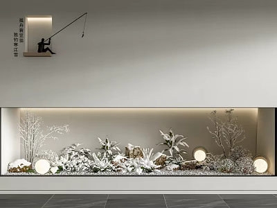 Indoor Landscape With Marble Backdrop Wall Light Fishing Silhouette Snowy Plants And Round Lamps 3d model