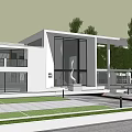 Modern White Building Exterior With Large Glass Windows Courtyard And Trees