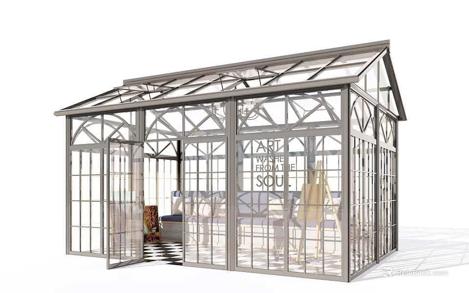 Glass Greenhouse With Transparent Glass Walls Metal Frame And Open Door Design 3d model 