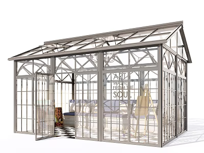 Glass Greenhouse With Transparent Glass Walls Metal Frame And Open Door Design 3d model