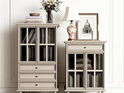 Entryway Cabinet And Side Cabinet With Glass Doors Books Vase Table Lamp And Framed 3d model