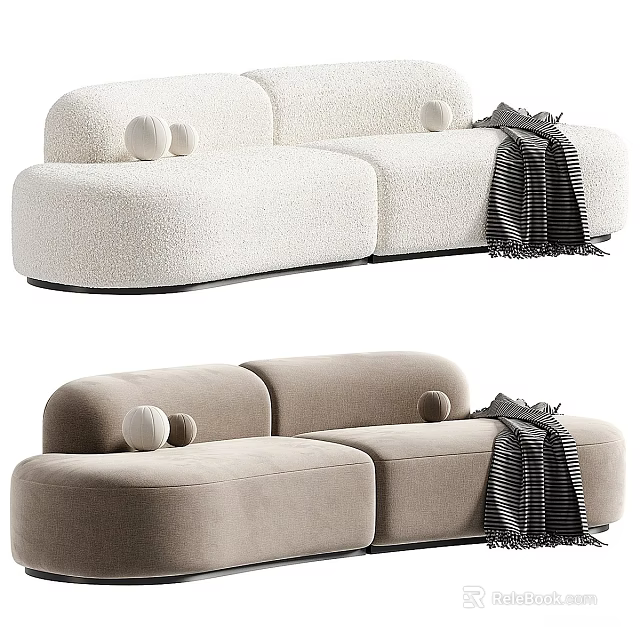 Modern Neutral Plush Sectional Sofa With Decorative Balls And Checkered Blanket 3d model