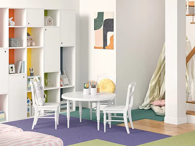 White Round Children's Table with Chairs Colorful Bookshelf and Abstract Painting on Purple Green Rug 3d model