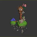 Vibrant Orange Character And Flower Creature On Green Floating Island Grass With Rocks