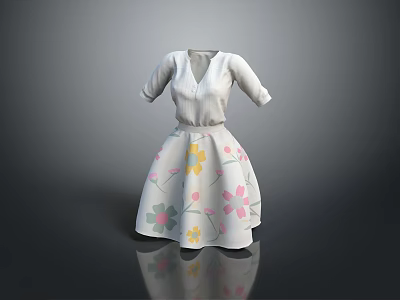 White V Neck Short Sleeve Dress with Colorful Floral Patterns on Skirt 3d model