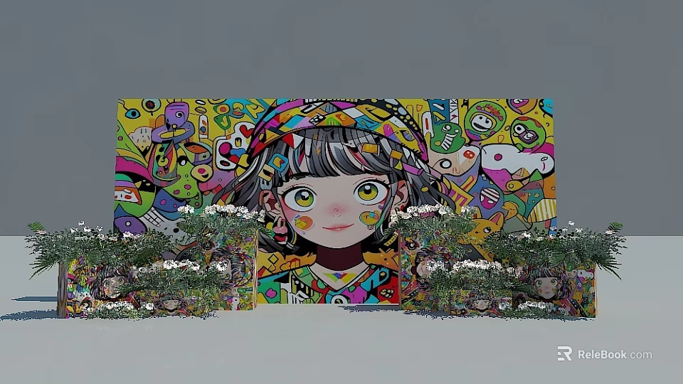 Vibrant Colorful Graffiti Wall Featuring Cartoon Girl Head With Green Plants Decoration 3d model 