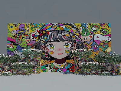 Vibrant Colorful Graffiti Wall Featuring Cartoon Girl Head With Green Plants Decoration 3d model