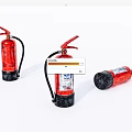 Three Red Fire Extinguishers With Pressure Gauge Standing And Lying On White Background