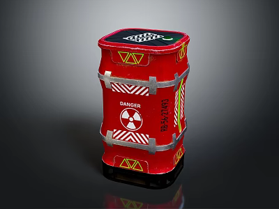 Red Barrel Featuring Danger Sign Radiation Symbol And Silver Metal Bands 3d model