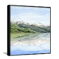 Watercolor Landscape Painting With Snowy Mountains Green Vegetation And Water Reflection