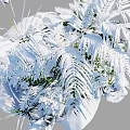 Snow Covered Natural Garden Scene With Green Ferns And Icy Rocks