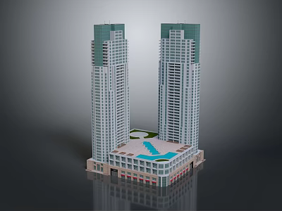 Twin Modern Skyscrapers With Base Building Central Green Area And Swimming Pool Exterior Design 3d model