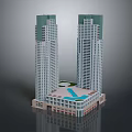 Twin Modern Skyscrapers With Base Building Central Green Area And Swimming Pool Exterior Design