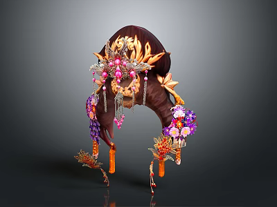 Elaborate Traditional Hair Ornament With Colorful Flowers Gemstones And Tassels 3d model