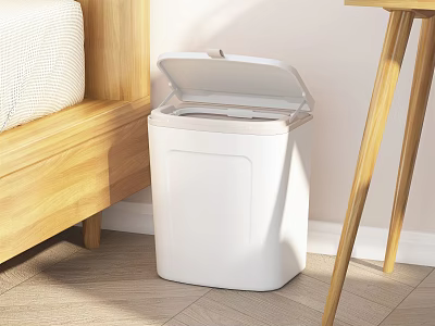 Modern Public Facility White Trash Can With Open Lid In Indoor Corner Area 3d model