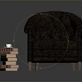 Dark Brown Tufted Armchair with Wooden Legs and Stack of Books with Cup