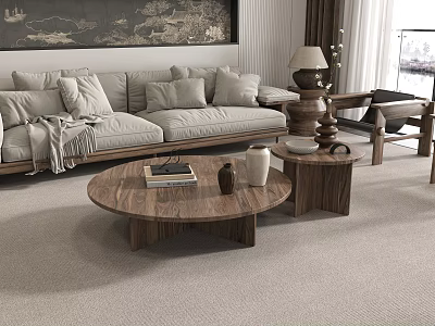 Wooden Round Coffee Table in Modern Living Room with Sofa Pillows and Decorative Items 3d model