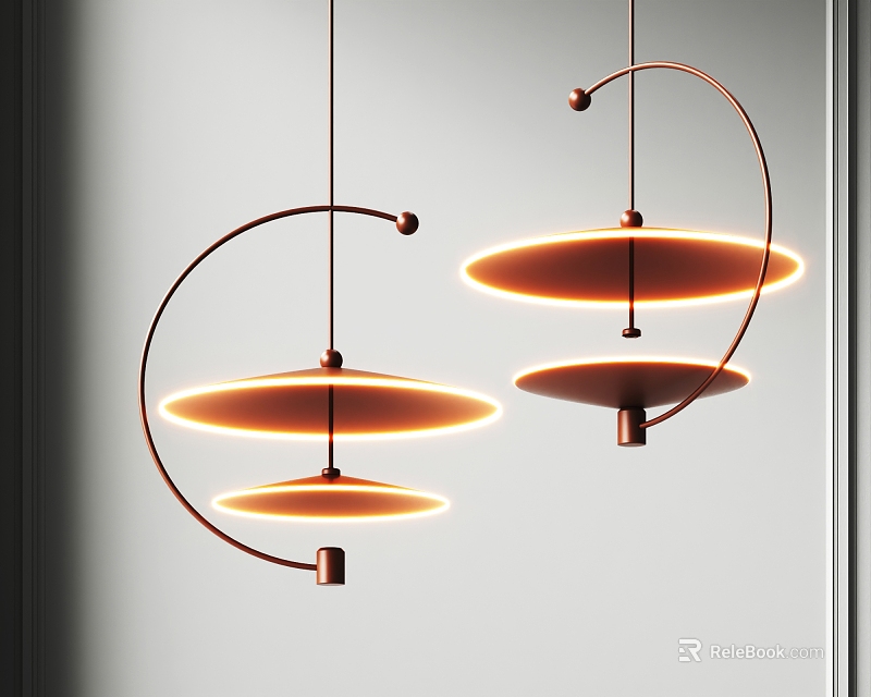 Modern Minimalist Pendant Lights With Copper Curved Frames And Circular Illuminated Shades 3d model 