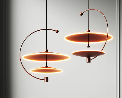 Modern Minimalist Pendant Lights With Copper Curved Frames And Circular Illuminated Shades 3d model