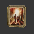 Golden Framed Artwork Of Two People Walking On Forest Path With Sunlight