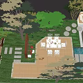Water Fountain in Courtyard Garden with Lush Greenery Wooden Deck and Trees