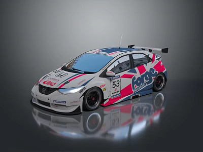 White Blue Pink Racing Sports Car With Number 53 Rear Wing And Decals 3d model