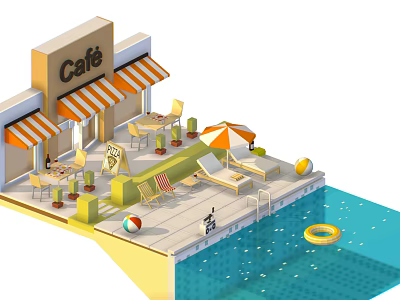 Modern Cartoon Scene Cartoon Cafe Cartoon Pool 3d model