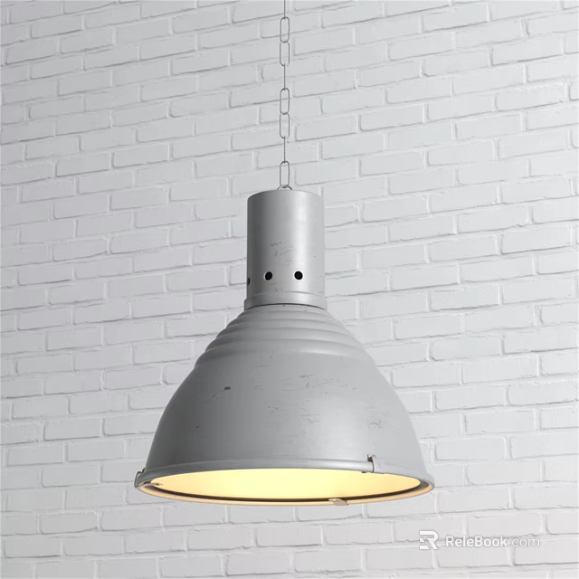 Gray Metal Industrial Pendant Light with Large Shade and Chain Hanging Against White Brick Wall 3d model 