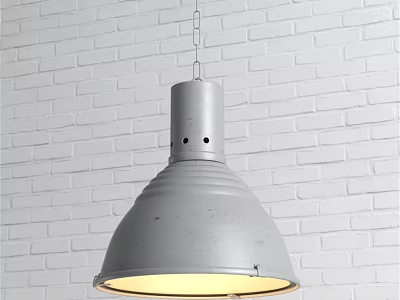 Gray Metal Industrial Pendant Light with Large Shade and Chain Hanging Against White Brick Wall 3d model