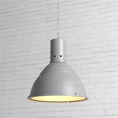 Gray Metal Industrial Pendant Light with Large Shade and Chain Hanging Against White Brick Wall 3d model