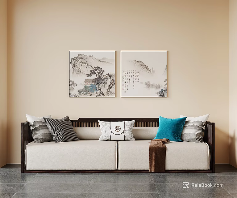 Multi Person Sofa In Off White With Beige Wall Two Landscape Paintings And Colorful Cushions 3d model 