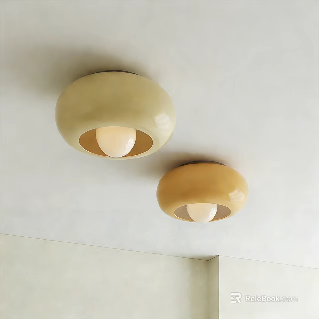Two Round Beige And Light Brown Ceiling Lights On White Ceiling With Soft Glow 3d model