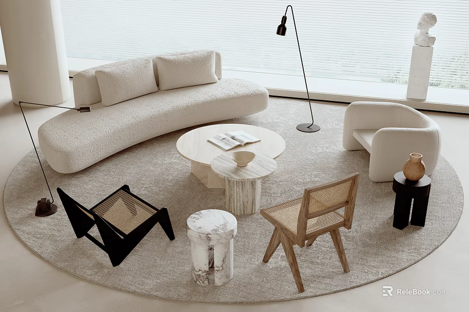 Modern Living Room Curved Sofa And Round Coffee Table Set With Chairs And Floor Lamp 3d model 
