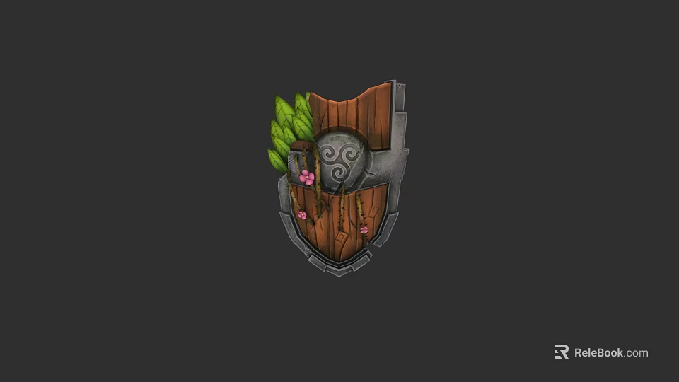 Decorative Shield Design With Wooden Panel Metal Accents Green Leaves And Pink Flowers 3d model 