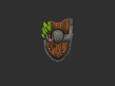 Decorative Shield Design With Wooden Panel Metal Accents Green Leaves And Pink Flowers 3d model