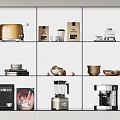 Stylish Kitchenware Display With Golden Toaster Coffee Cups Bowls Blender And Coffee Machine