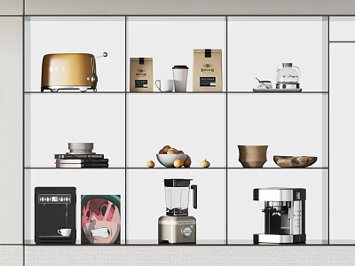 Stylish Kitchenware Display With Golden Toaster Coffee Cups Bowls Blender And Coffee Machine 3d model